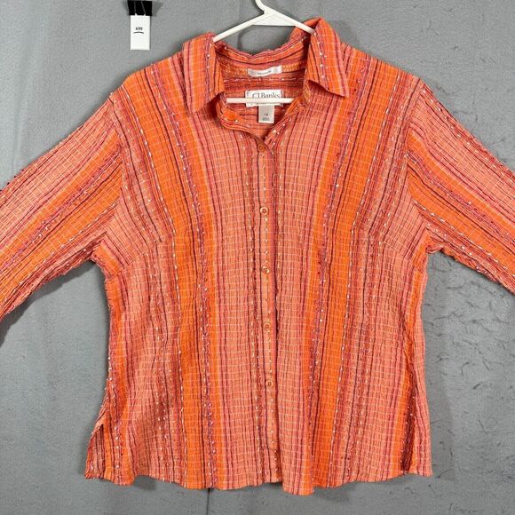 CJ Banks Womens Button Up Top Long Sleeve Stripes Orange Plus Size 1X - Picture 4 of 10